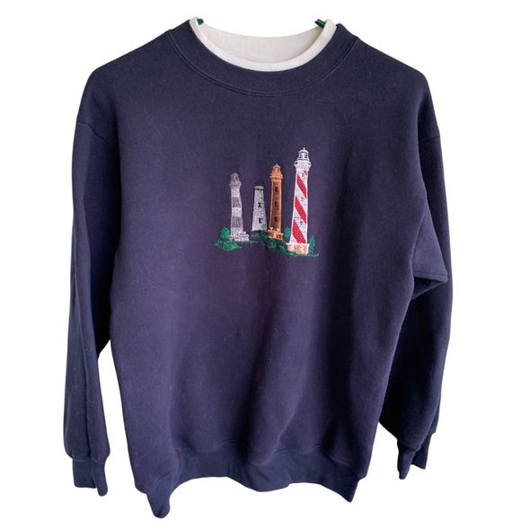 Vintage Crewneck Sweatshirt Navy Lighthouse Embroidered Sweater Adult Size Large - Picture 1 of 6